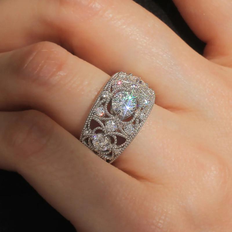 925 Sterling Silver Sparkling Crystal Rings for Women Hollow Out Designed Trendy Female Accessories Wedding Jewelry