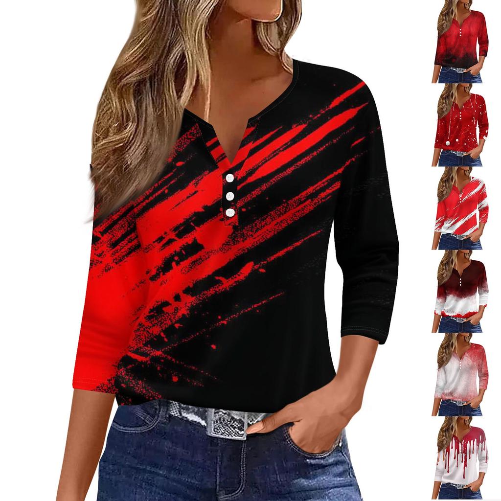 Women's Casual Fashion V-neck Loose Versatile Halloween Print Three-quarter Sleeve Top