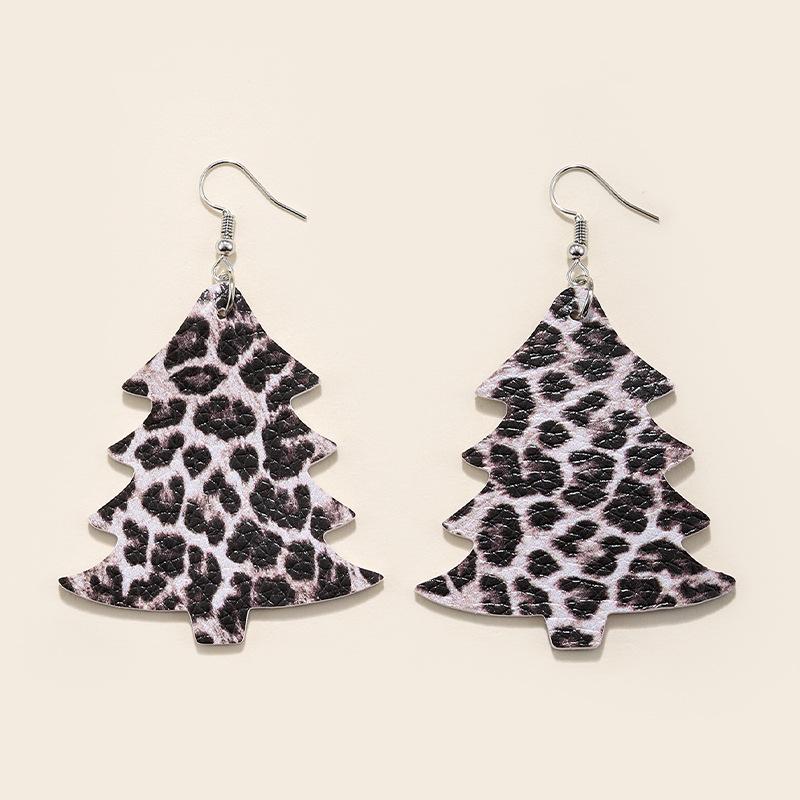 Leopard Print Christmas Tree Leather Drop Earrings for Women - Retro Holiday Style