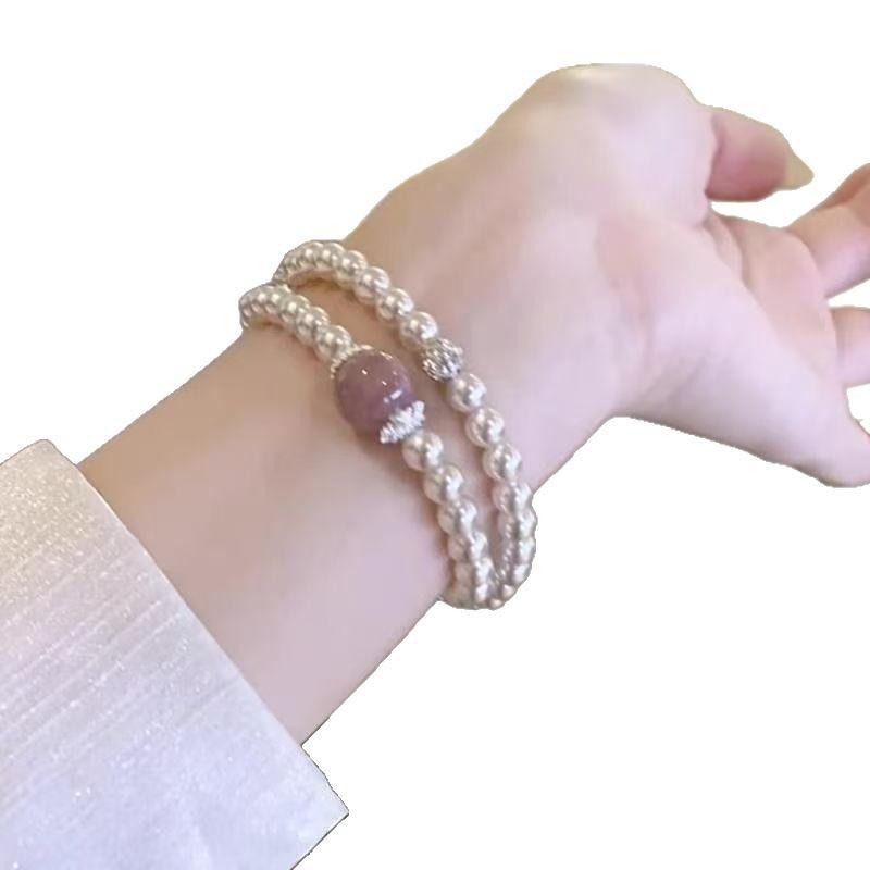 Light luxury double-layer stacked pearl powder bead bracelet, elegant niche high-end bracelet, personalized versatile temperament jewelry