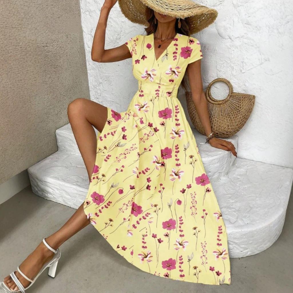European and American summer V-neck long dress, flower printed small flying sleeves waist A-shaped dress