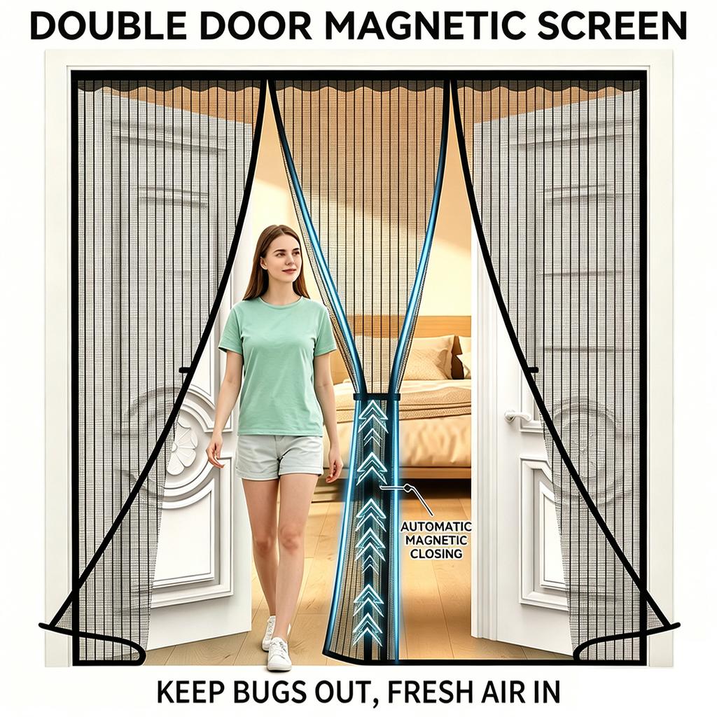 Magnetic Screen Door, Double-Panel Magnetic Mosquito Screen Door, Insect Screen, Suitable for Garage Doors, Sliding Doors, and Garden Gates—Black