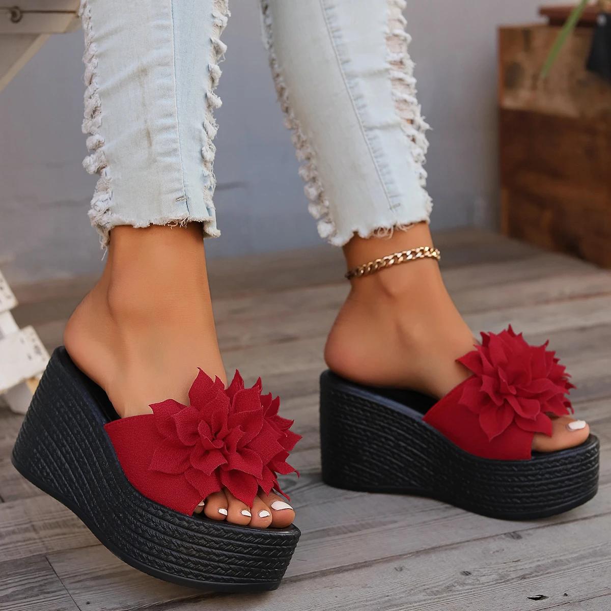 

Женские тапочки с открытым носком и покатым каблуком, цветочные узоры, летние хиты продаж 2024 года, модные летние женские туфли для отдыха на открытом воздухе 34