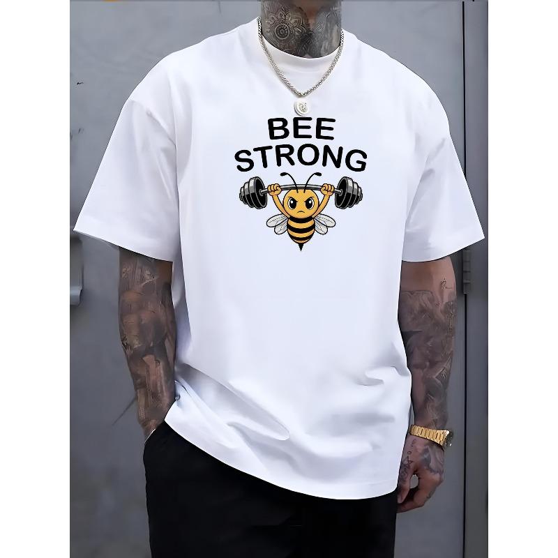 

Men S Casual BEE STRONG Graphic T-Shirt - Soft, Breathable, Round Neck Tee with Dumbbell Design, for Summer, Gym Apparel | Comfortable Fit S белый