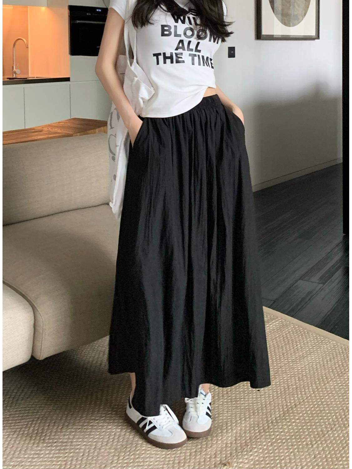 

Women s High Waist Pleated Midi Skirt - Summer 2024 Retro A-line with Elastic Waist S чорний