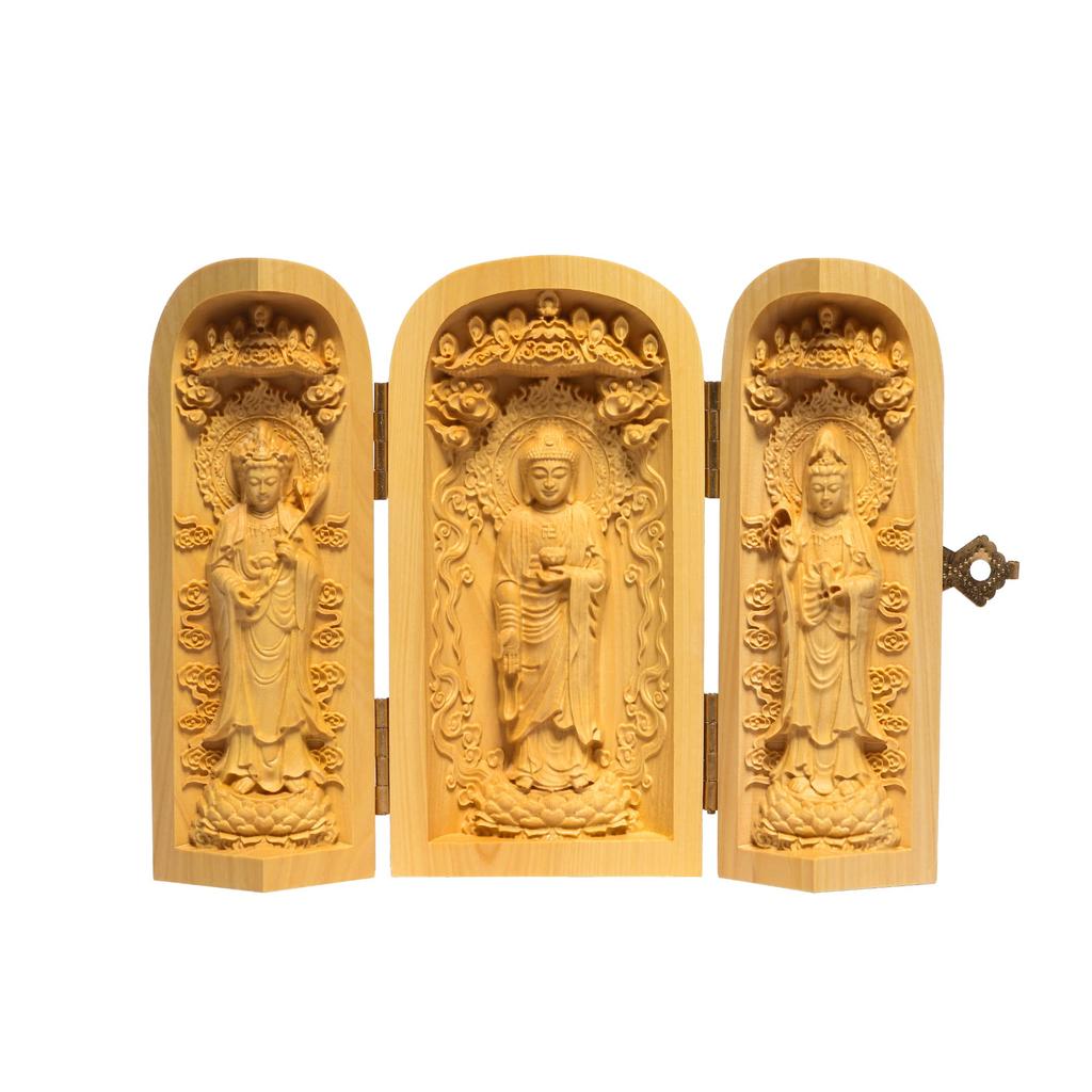 Sankai Buddha Sankai Buddha Statue Wood Carving Figurine Kannon Statue Amitabha Nyorai Seishi Bodhisattva Amitabha Nyorai Kannon Bodhisattva Mini