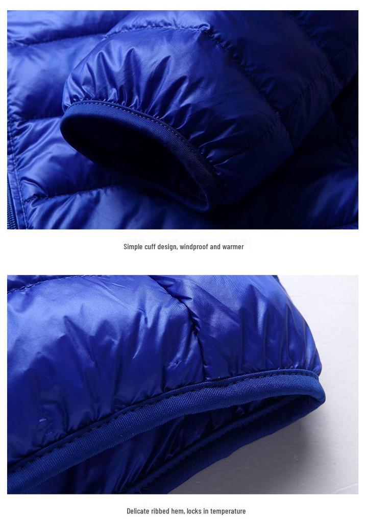 Men's Lightweight Down Jacket with Double Zipper and Stand Collar, 50% White Duck Down