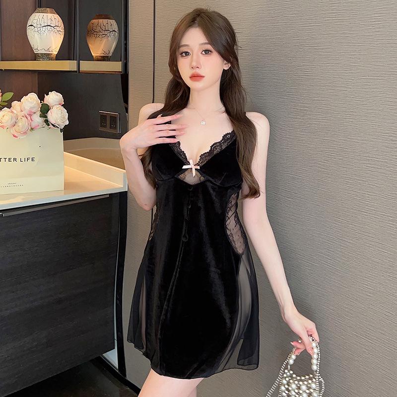 Golden Velvet Lace Mesh Women's Pajama Set - Autumn/Winter Nightgown & Bathrobe with Chest Pads