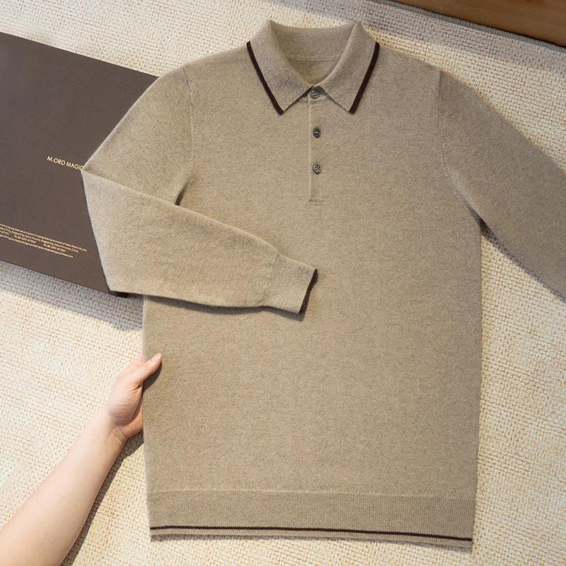 Herren 100% Kaschmir Langarm Colorblock Polo Pullover