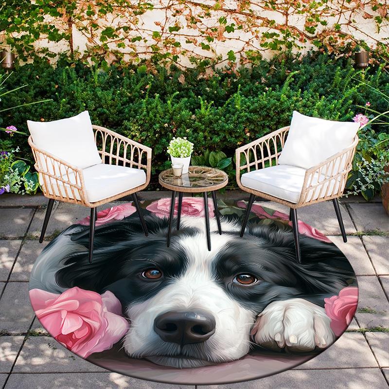 Runder Teppich mit Muster von Border Collie und frischen Blumen, Teppich für Wohnzimmer, Schlafzimmer, Spielzimmer, rutschfeste Fußmatte, Feiertagsgeschenke und Geburtstagsgeschenke.