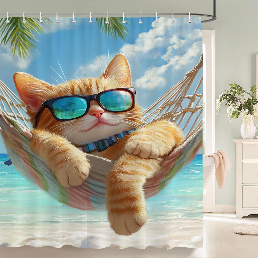 Funny and Creative Beach Cats and Dogs Fabric Shower Curtain Waterproof Polyester Bath Curtains for Bathroom Decorate with Hooks