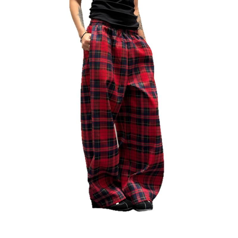 Vintage-inspirierte Color-Block-Karos mit Kordelzug, weites Bein, Damen, Herbst, Freizeit-Hosen