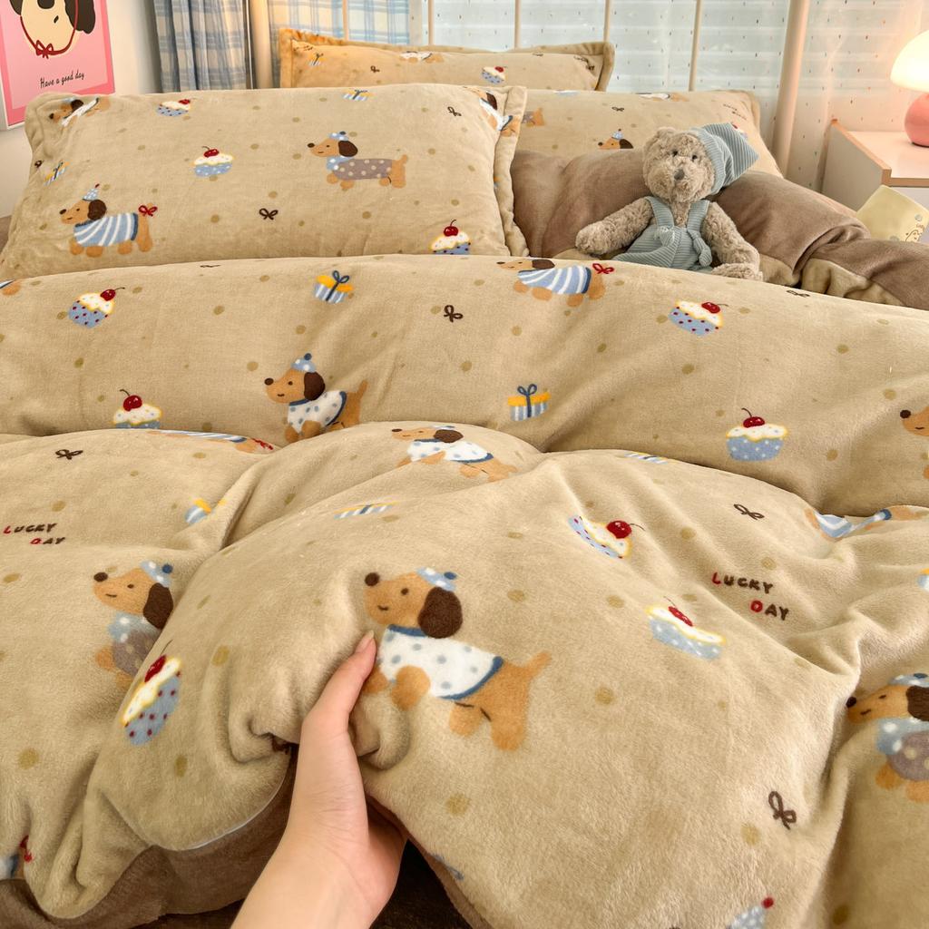 Thickened Milk Fleece Four-Piece Set, Coral Flannel Quilt Cover, Double-Sided Fleece Bed Sheet Quilt Cover, Bed Hat Three-Piece Set