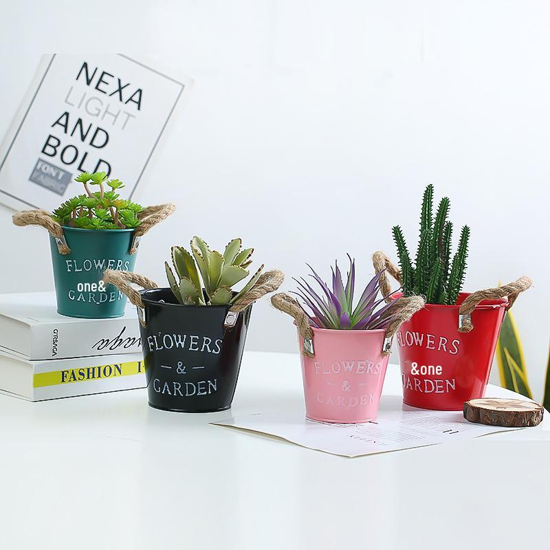 Colorful Tin Flower Pot with Hemp Rope - Iron Art Planter for Succulents - Decorative Desktop Storage Bucket