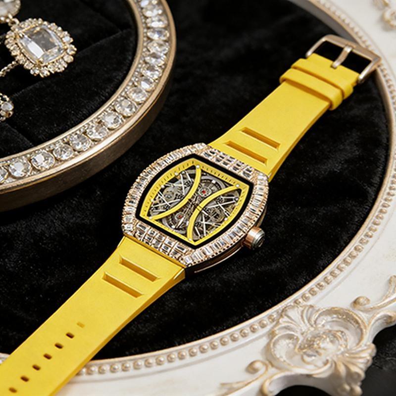 Top Brand Men's Automatic Mechanical Watch Fashion Tonneau Case Luminous Pointer Diamond Skeleton Watch