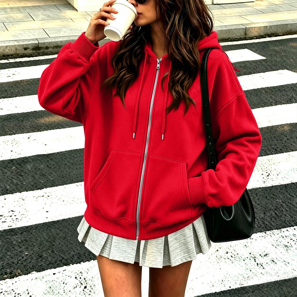 Women's Hooded Zip-Up Jacket Loose Fit Long Sleeve Color for Casual Daily Wear