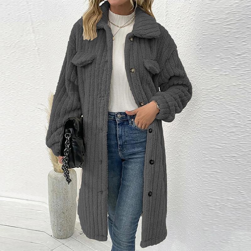 

Женская мода темперамент шерстяное пальто осень-зима с отворотом двубортный плюшевый длинный жакет S темно-серого