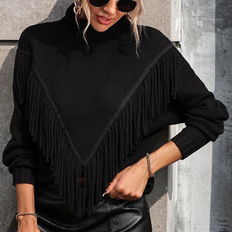 IHUASU Autumn and Winter Women's Loose Tassel Sweater Knit High Neck Sweater