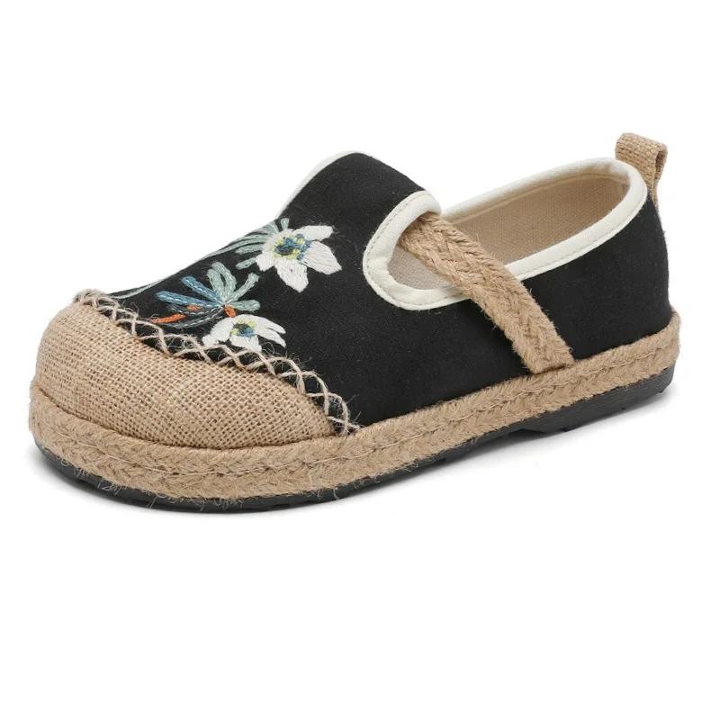 Fashion Bohemian Women Linen Canvas Slip-On Flats Comfortable Retro Loafers Ladies Casual Embroidered Sneakers Hemp Sole Women Shoes
