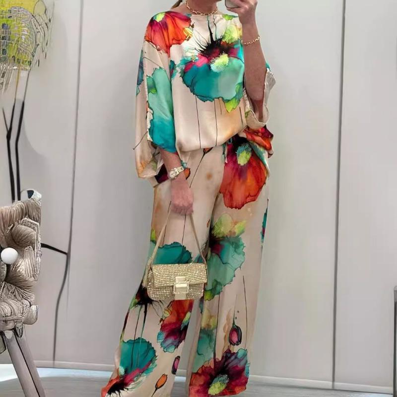 Summer Autumn Elegant One Neck Loose Printed Batwing Sleeve Pants Suit