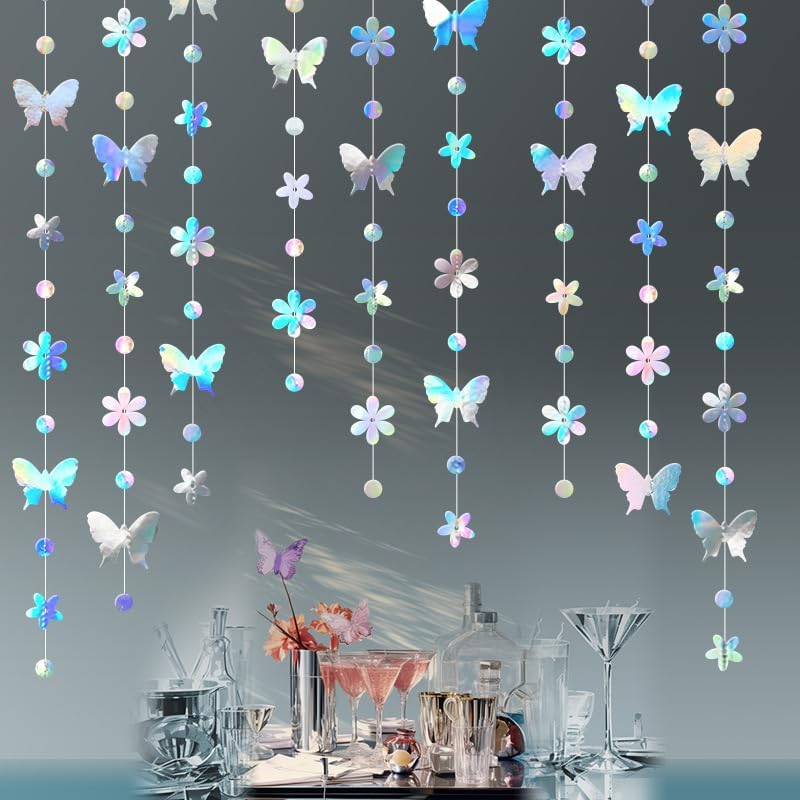 52.5 Ft Iridescent Butterfly Garland Butterfly Flower Circle dot Hanging Paper Banner Streamer for Birthday Baby Shower Wedding Party Decorations