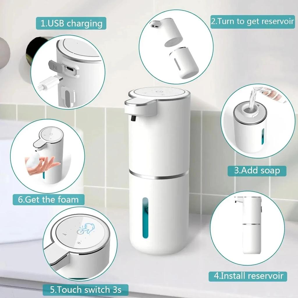 Otomatik Sabunluk Temassız Köpüren Sabunluk 380ml USB Şarj Edilebilir Elektrikli 4 Seviye Ayarlanabilir Köpük Sabunluk
