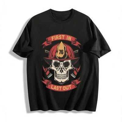 First In Last Out Firefighter Skull Print Casual Tee Pure Cotton T-shirt