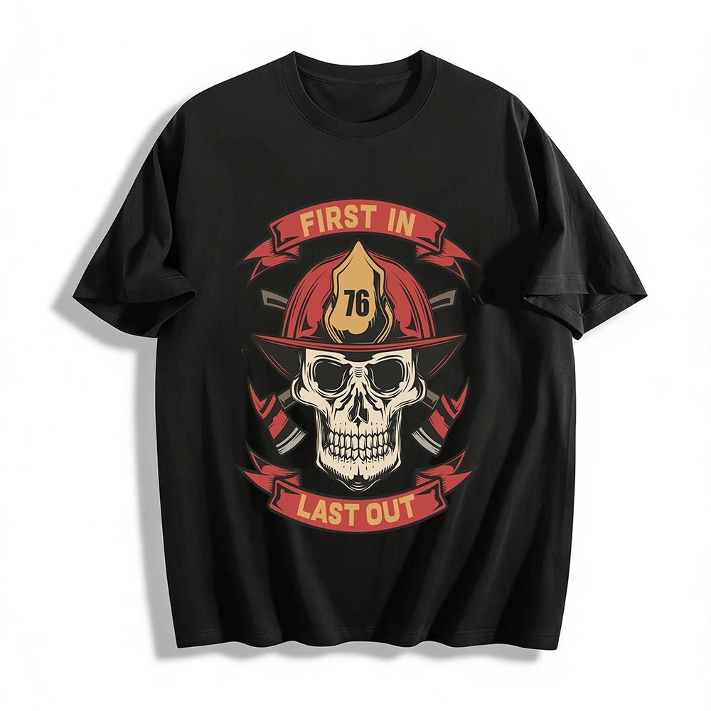 First In Last Out Firefighter Skull Print Casual Tee Pure cotton T-shirt XXS