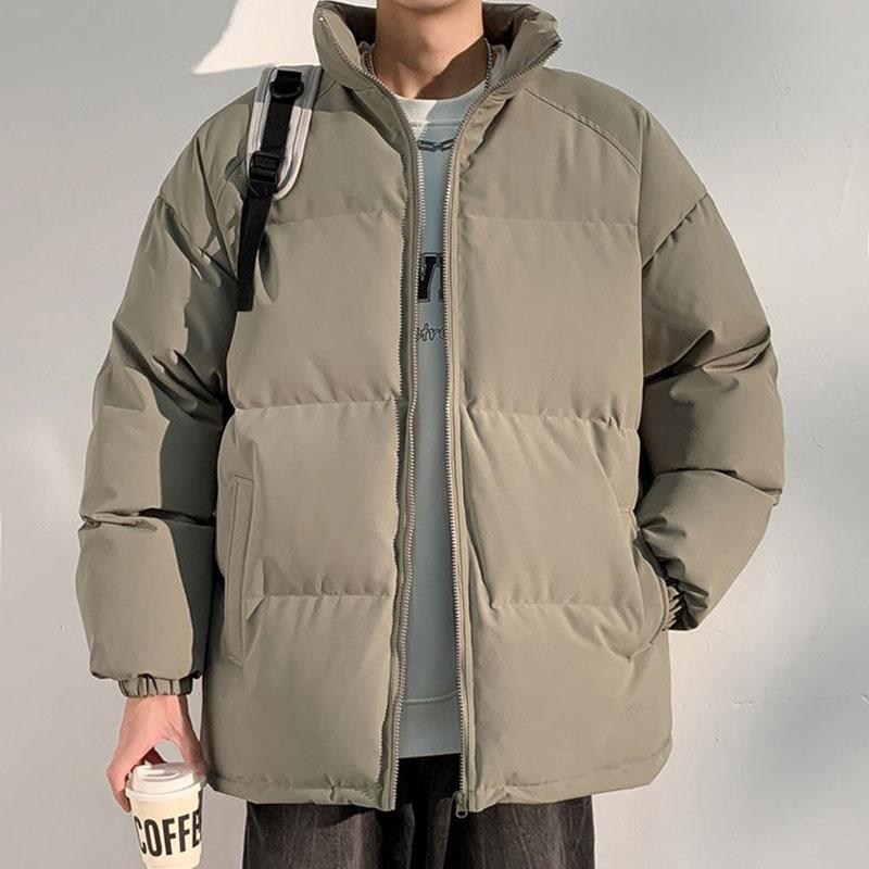 Men's Winter Parkas Solid Color Harajuku Windproof Zipper Outwer Stand Collar Padded Thickened Warm Jacket Coat Streetwear
