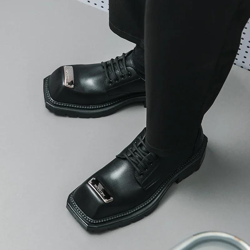 Fashion Square-Toe Men's Leather Shoes Business Oxford Man Lace-up Formal Dress Shoes Black Derby Shoes Metal Decoration
