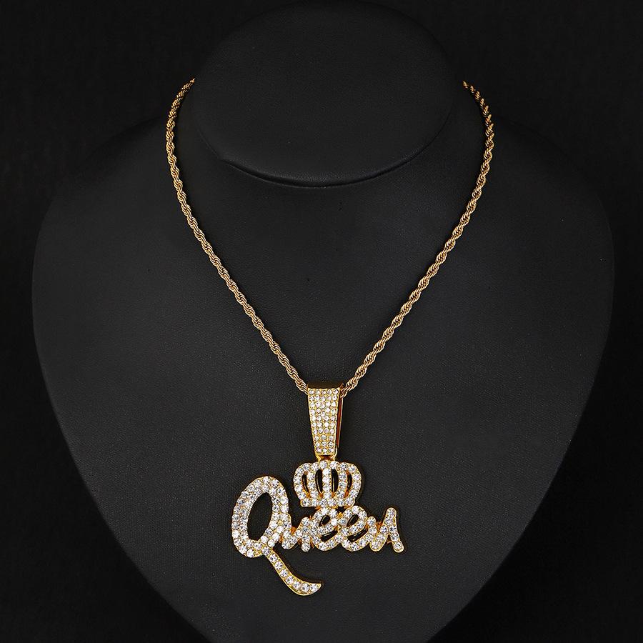 Hip Hop Zinc Alloy Crown Queen Letter Full Diamond Pendant Temperament Personality Necklace Jewelry