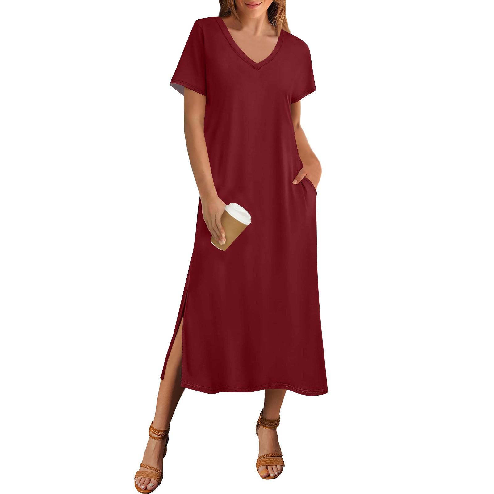 

Жіноча однотонна літня сукня, пляжна сукня з коротким рукавом і кишенею, повсякденна сукня з V-подібним вирізом і бічними розрізами S винний
