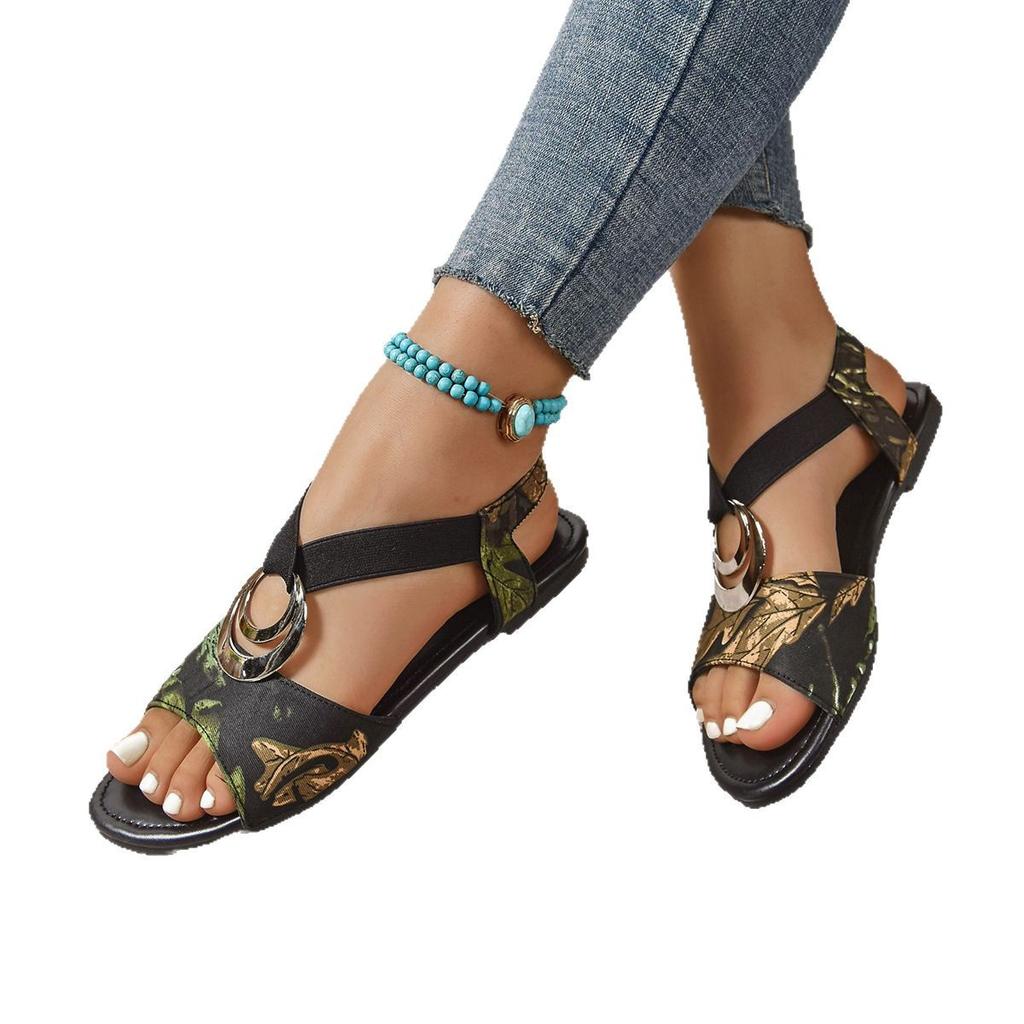 Large size flat sandals summer new metal buckle sandals fashion elastic sandals