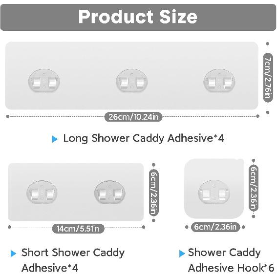 14 Pack Shower Caddy Adhesive Replacement, Transparent Strong Adhesive Hooks, No Drilling, Waterproof Wall Hooks for Shower Caddy, Bathroom Storage