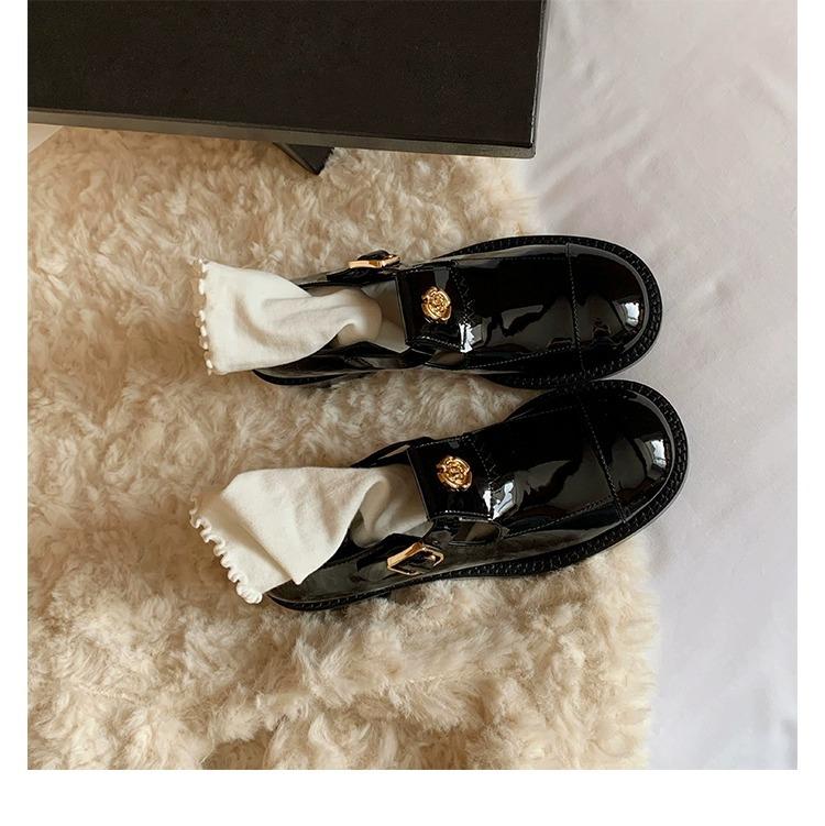 Cowhide Version~ French Retro Mary Jane Small Leather Shoes Women's Camellia with Gold Coins Loafers Genuine Leather Single Shoes