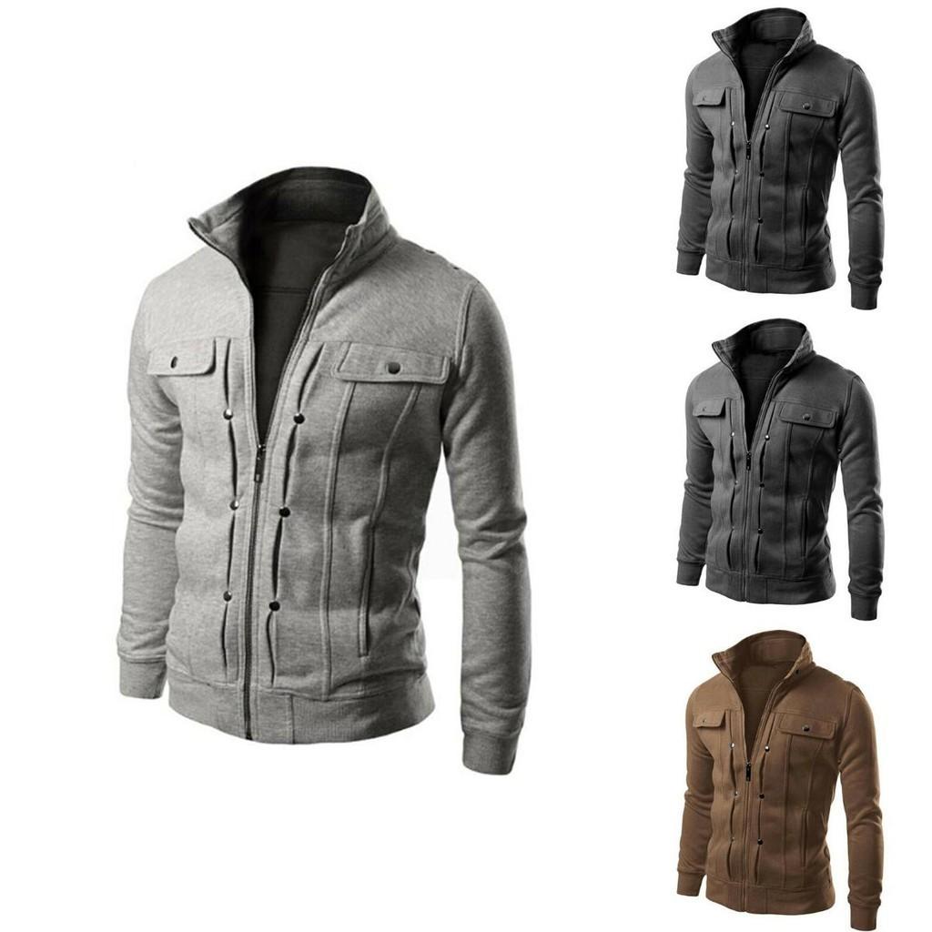 Mens Slim Fit Stand Collar Long Sleeve Coat Top Military Jacket For Stylish Look