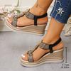 Women's Wide Width Bohemian Sandals, Rhinestone Embellished Wedge Heels, Open-Toe Beach Shoes for Women