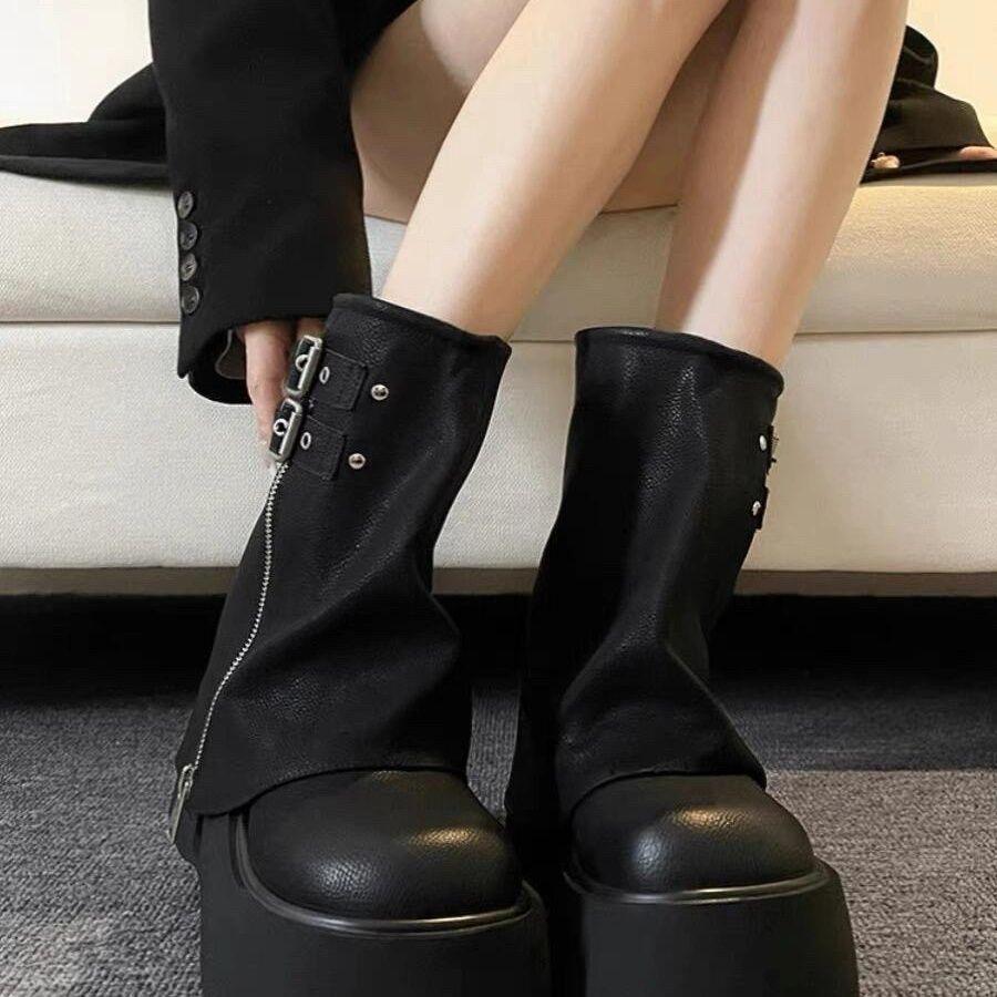 Sweet and cool babes brown small pants muffin bottom Martin boots short boots women's thick soles increase 2025 new autumn