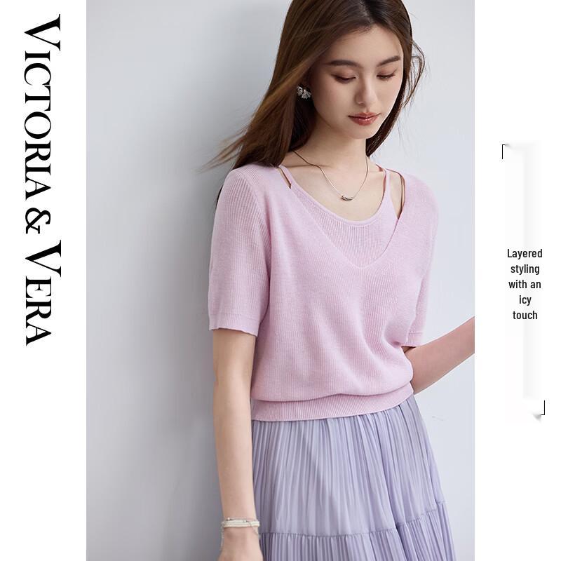 

VICTORIA&VERA Summer Faux Two-Piece Ice Silk Short Sleeve Knit Top XL