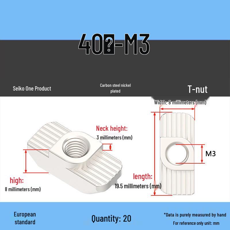 Dadi per Profilati di Alluminio a T-Slot Standard Europeo: Dadi ad alette M3-M8, Tipi 20/30/40/45.
