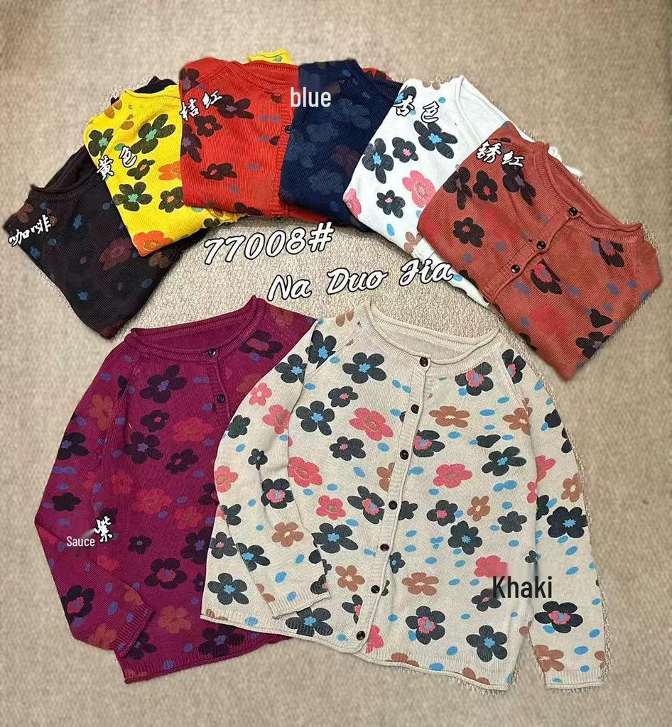 Fall 2026 Women's Loose Round Neck Knit Cardigan with Retro Floral Print