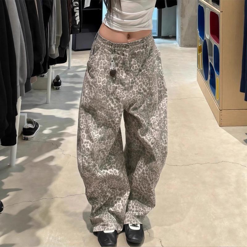 American Retro Distressed Washed Leopard Print Jeans for Women Summer Hot Girls Loose Lazy Fashionable Floor-length Scimitar Trousers S серый