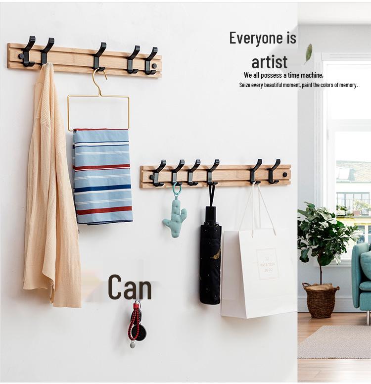 Wandmontierte Hakenleiste aus Bambus und Holz, Kleiderbügel mit Klebefolie ohne Bohren zur Aufbewahrung von Kleidung hinter der Tür