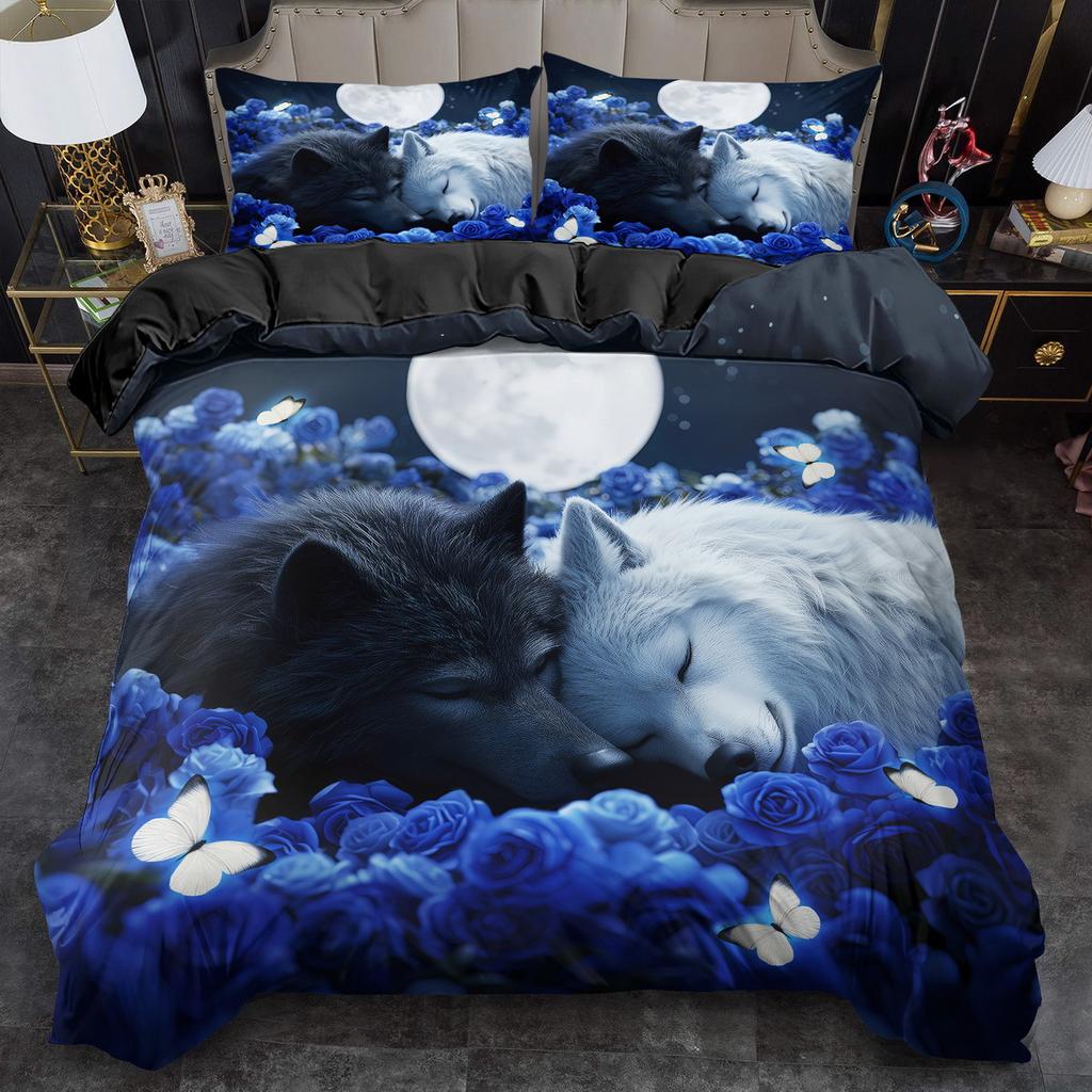 3pcs Quilt Cover Set Rose Fantasy Wolf Print Duvet Cover Set, King Queen Style Bedding, Polyester Machine Washable Birthday Gift