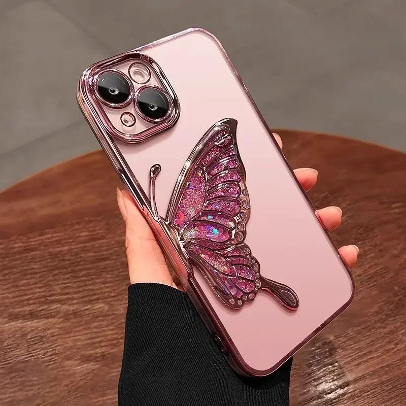 Cartoon Butterfly Glitter Quicksand Case for iPhone 16 15 14 13 Pro Max Plus 11 12 Plating Gradient Bling Camera Film Soft Cover