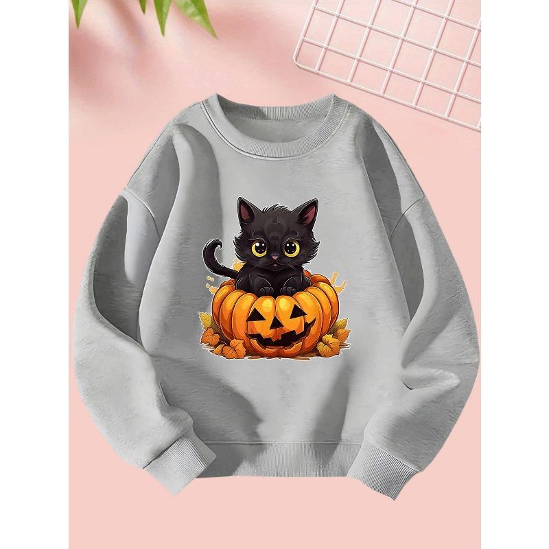 Cute Halloween Girl Creative Little Cat Resting on a Pumpkin Print Sweatshirt - Comfortable Long-Sleeve Round Neck for Autumn And Winter