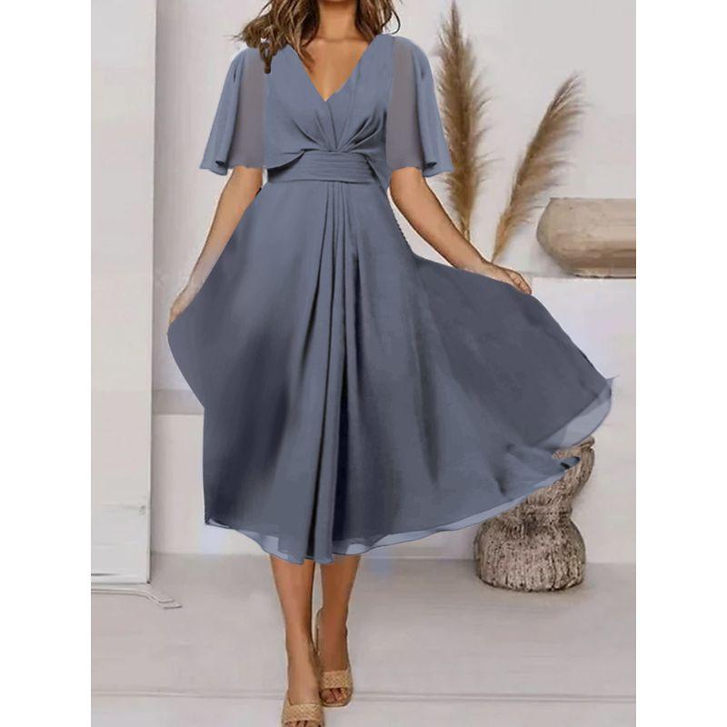 

Large Hem Dress2024 Summer New Arrival European and American Women s Clothing Fashion V-neck Waist Trimming Casual Large Swing Dress Blue 2XL