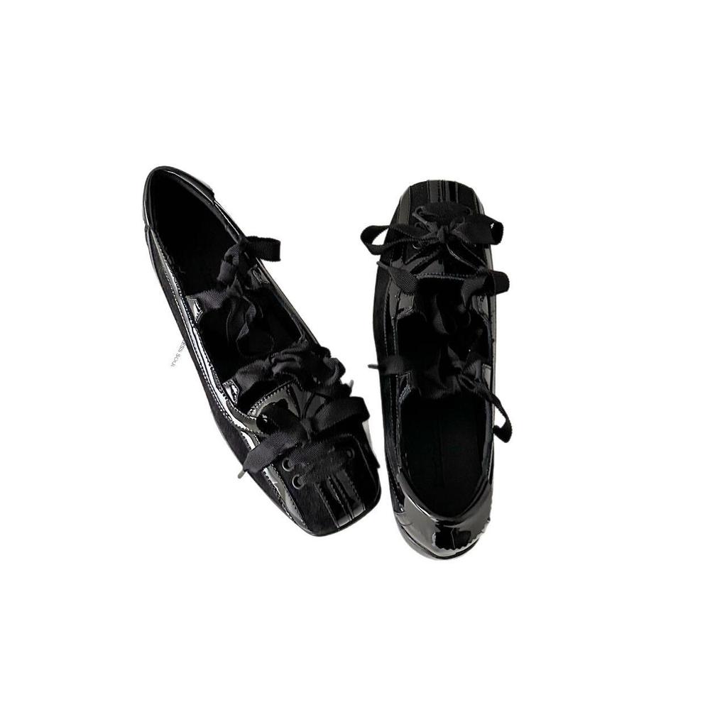 Cowhide Version~ Retro Square Head Design Ballet Shoes Women's Bow Light Mouth Versatile Single Shoes Wear New Flat Shoes
