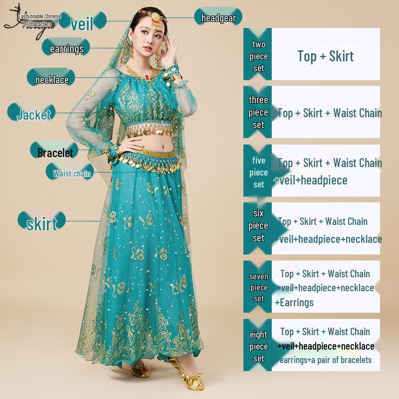 Fantasia de Apresentação de Dança do Ventre Indiana Huayu - Conjunto de Vestido de Manga Comprida de Chiffon para Mulheres