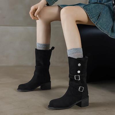 Fashionable Belt Buckle Retro Mid-calf Boots 2024 New Versatile Autumn Thick Heel Western Women's Leather Knight Short Boots
